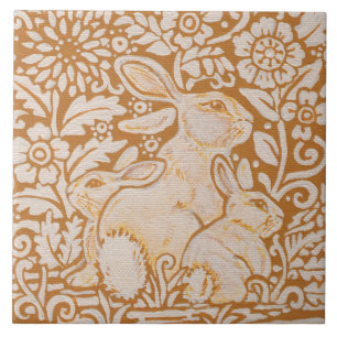 Rabbit & Babies Floral Ceramic 6" Tile Trivet Art Tegeltje