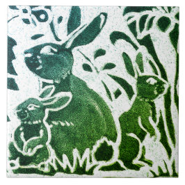 Rabbit Batik Modern Green Blue Floral Art Tegeltje