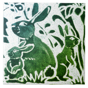 Rabbit Batik Modern Green Blue Floral Art Tegeltje