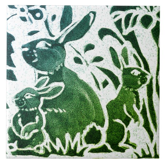 Rabbit Batik Modern Green Blue Floral Art Tegeltje (Voorkant)