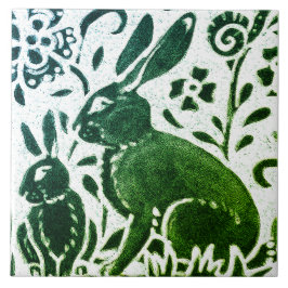 Rabbit Batik Modern Green Blue Floral Woodland Tegeltje