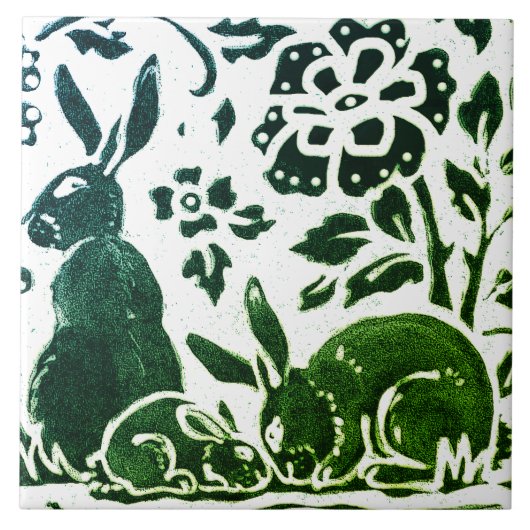 Rabbit Batik Modern Green Blue Floral Woodland Tegeltje (Voorkant)