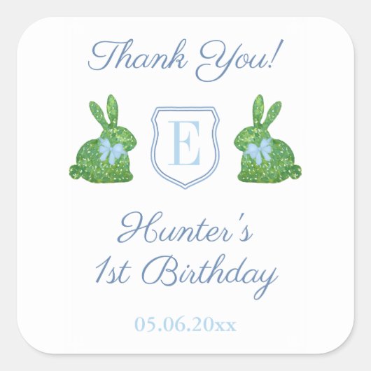 Rabbit Blue Monogram Baby Boy 1st Birthday Favor Vierkante Sticker (Voorkant)