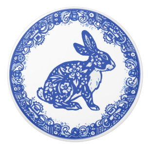 Rabbit Blue & White Design Cute Bunny Facing Right Keramische Knop