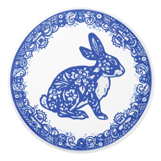 Rabbit Blue & White Design Cute Bunny Facs right Keramische Knop (Voorkant)