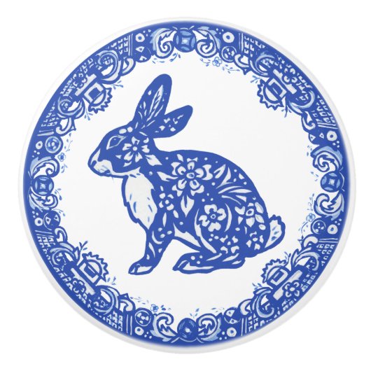 Rabbit Blue Willow Design Cute Bunny Facs left Keramische Knop (Voorkant)