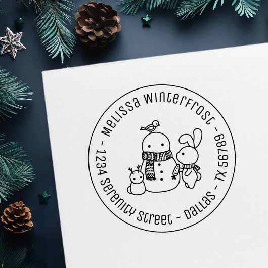 Rabbit Building Snowman Round Address Zelfinktende Stempel