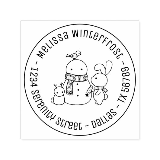 Rabbit Building Snowman Round Address Zelfinktende Stempel (Design)