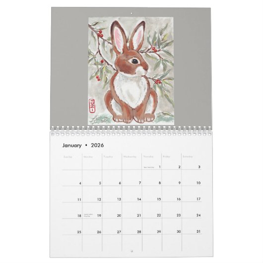 Rabbit Bunny Art Calendar Elk jaar Tuzi Williams Kalender (Jan 2026)