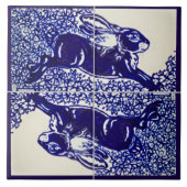 Rabbit Bunny Floral Navy Blue Drawing Elegant Tegeltje (Voorkant)