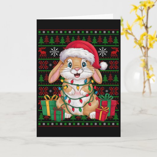 Rabbit Bunny Xmas Lights Ugly Santa Hat Bunny Chri Kaart (Gele Bloem)