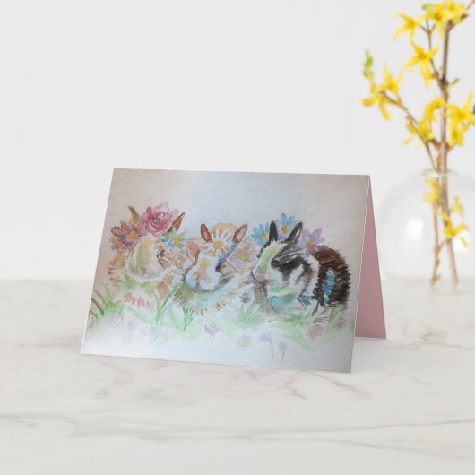 Rabbit Cate Bunny Rabbits Waterverf Verjaardag Kaart (Gele Bloem)