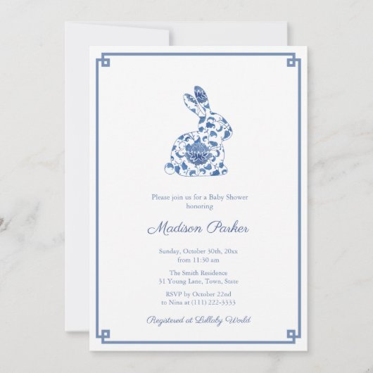 Rabbit Chinoiserie Chic Blue en White Baby shower Kaart (Voorkant)