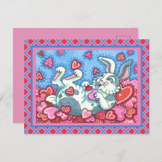 RABBIT EN COLORFUL HEARTS RAINING VALENTIJNSE FEESTDAGENKAART (Voorkant / Achterkant)