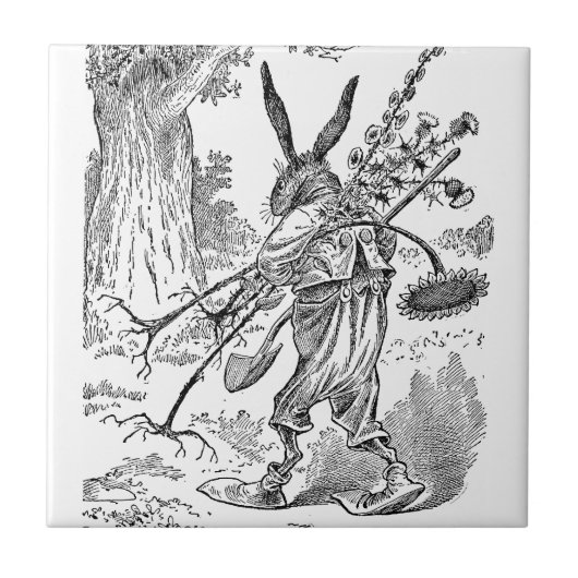 Rabbit Gardener met schoppen en ontwortelde Plante Tegeltje (Voorkant)