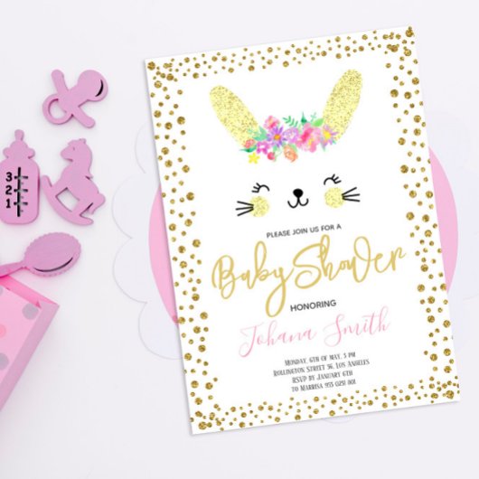 Rabbit Gold Confetti Baby shower Uitnodiging