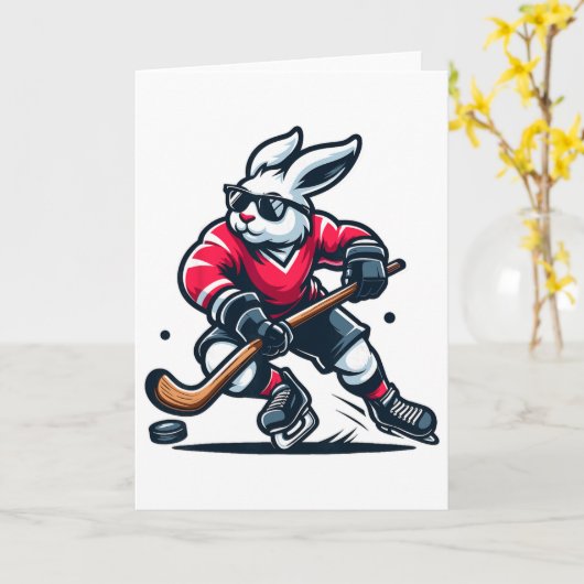 Rabbit Ice Hockey Bunny Easter Day  Kaart (Gele Bloem)