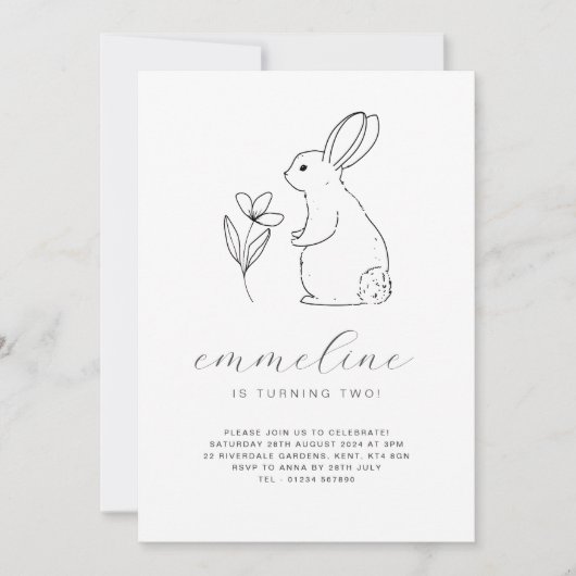 Rabbit Line Drawing Birthday Uitnodiging (Voorkant)