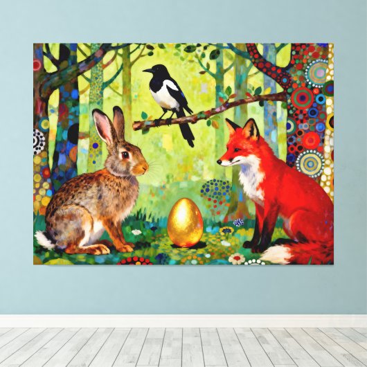 Rabbit, Magpie, Fox and “The Forest’s Secret”  Canvas Afdruk (Insitu (Houten vloer))