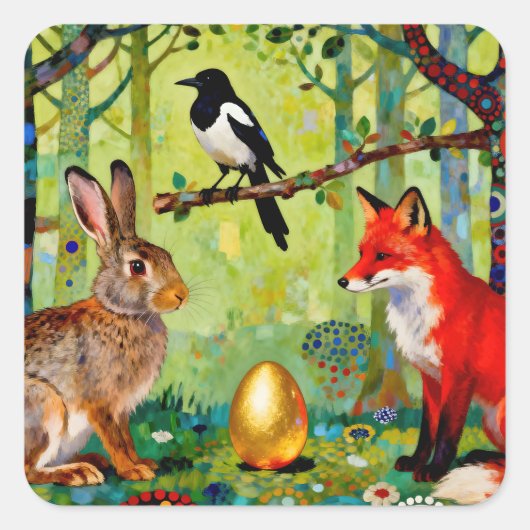 Rabbit, Magpie, Fox and “The Forest’s Secret”  Vierkante Sticker (Voorkant)