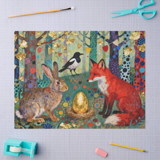Rabbit, Magpie, Fox and “The Golden Goose Egg” Tissuepapier (Craft)