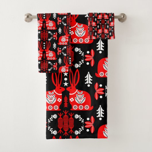 Rabbit Nordic Scandinavian Folk Art Bad Handdoek (Insitu)