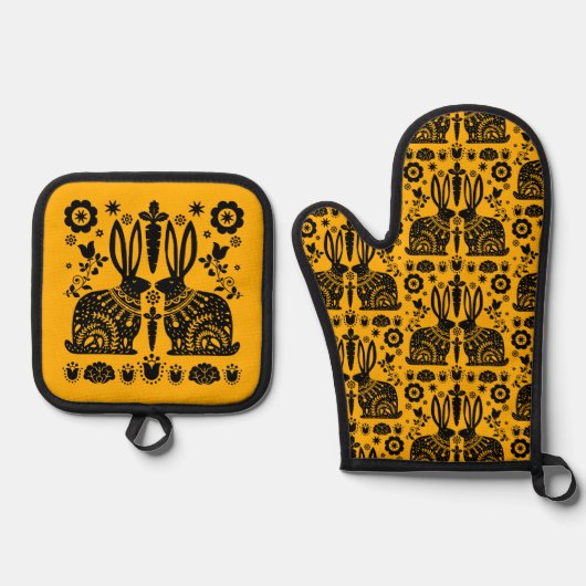 Rabbit Nordic Scandinavian Folk Art Ovenwant & Pannenlap Set (Voorkant)