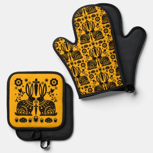 Rabbit Nordic Scandinavian Folk Art Ovenwant & Pannenlap Set (Voorkant / Achterkant)