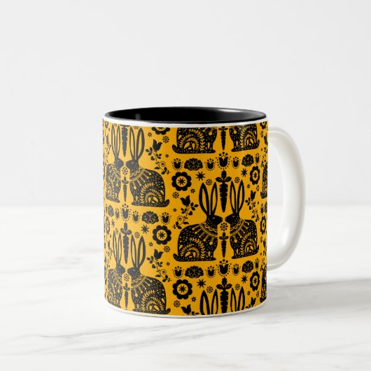 Rabbit Nordic Scandinavian Folk Art Tweekleurige Koffiemok (Voorkant rechts)