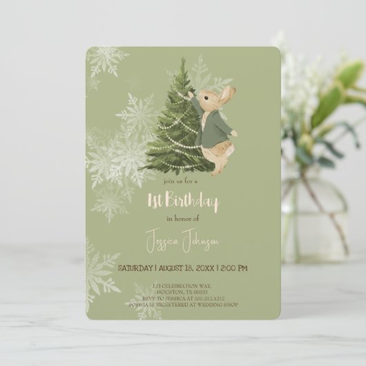 Rabbit Peter kerstmis 1 Birthday Uitnodiging (Staand voorkant)