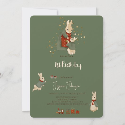 Rabbit Peter kerstmis 1 Birthday Uitnodiging (Voorkant)