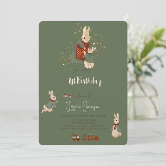 Rabbit Peter kerstmis 1 Birthday Uitnodiging (Staand voorkant)