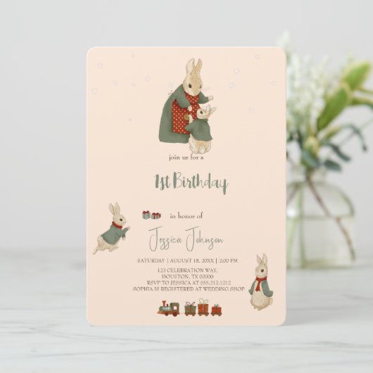 Rabbit Peter kerstmis 1 Birthday Uitnodiging (Staand voorkant)