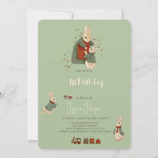 Rabbit Peter kerstmis 1 Birthday Uitnodiging (Voorkant)