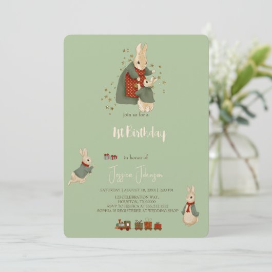 Rabbit Peter kerstmis 1 Birthday Uitnodiging (Staand voorkant)