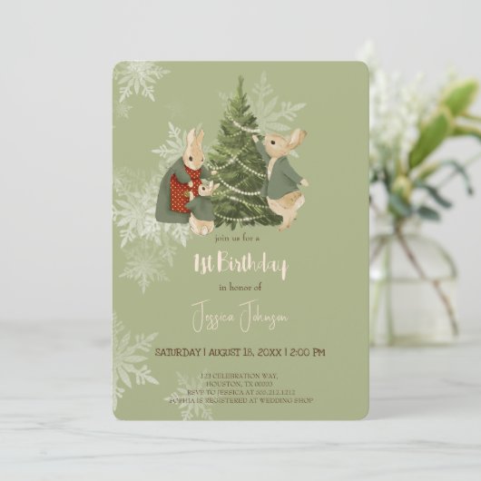 Rabbit Peter kerstmis 1 Birthday Uitnodiging (Staand voorkant)