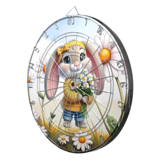 Rabbit pink ears white daisies dartbord (Voorkant Rechts)