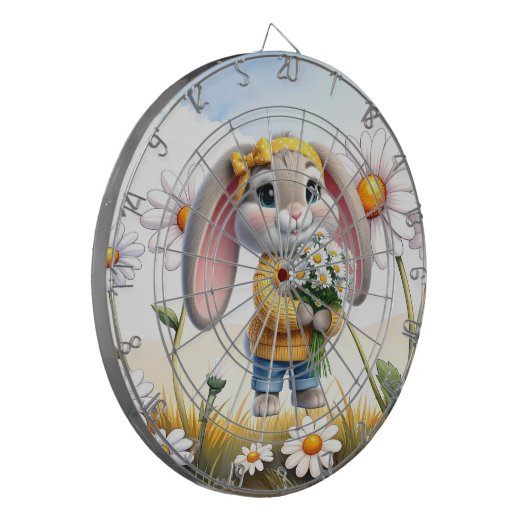 Rabbit pink ears white daisies dartbord (Voorkant Links)