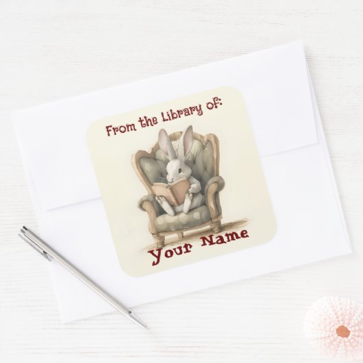 Rabbit Reading Bookplate Vierkante Sticker (Envelop)