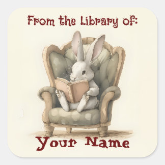 Rabbit Reading Bookplate Vierkante Sticker