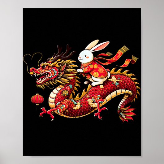 Rabbit Ride Chinese Dragon Funny Mens Womens Happy Poster (Voorkant)