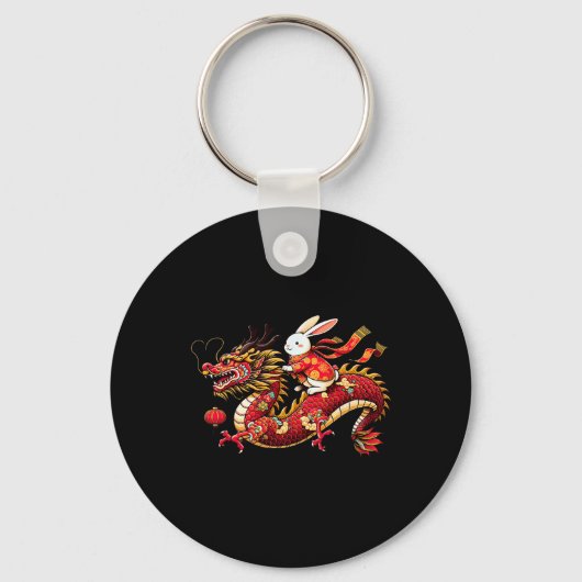 Rabbit Ride Chinese Dragon Funny Mens Womens Happy Sleutelhanger (Voorkant)