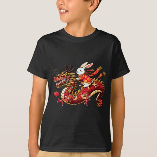 Rabbit Ride Chinese Dragon Funny Mens Womens Happy T-shirt (Voorkant)