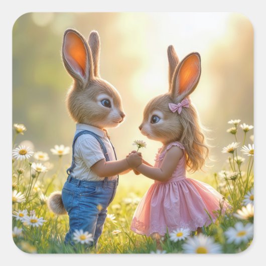 Rabbit Romance in een Daisy Field Vierkante Sticker (Voorkant)