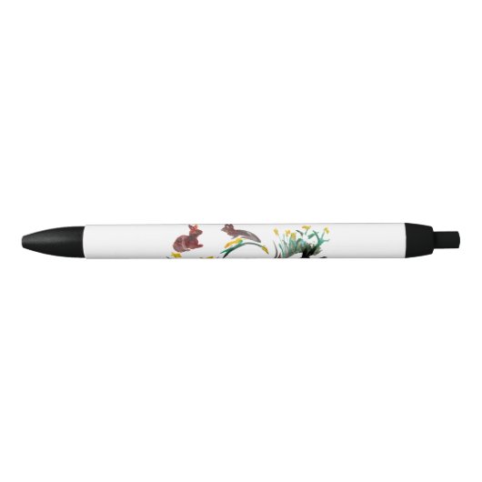 Rabbit run, Floral Animal Art Zwarte Inkt Pen (Voorkant)