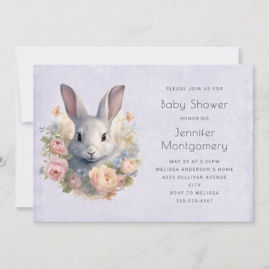 Rabbit Surrounded by Flowers Cute Baby Shower Kaart (Voorkant)