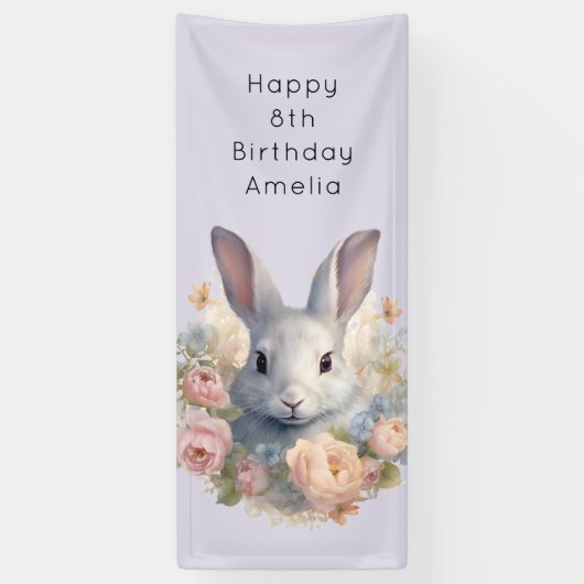 Rabbit Surrounded by Pastel Flowers Cute Birthday Spandoek (Verticaal)