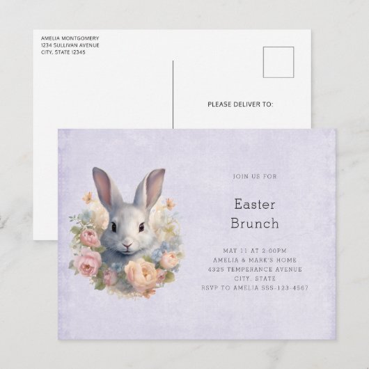 Rabbit Surrounded by Pastel Flowers Cute Easter Uitnodiging Briefkaart (Voorkant / Achterkant)