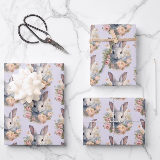 Rabbit Surrounded by Pastel Flowers Cute Pattern Inpakpapier Vel (Voorkant)