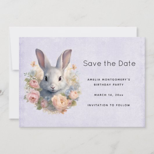 Rabbit Surrounded by Pastel Flowers Cute Save The Date (Voorkant)